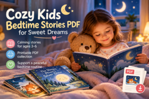 Cozy kids bedtime stories PDF for ages 3–6, featuring a child reading a calming bedtime story.