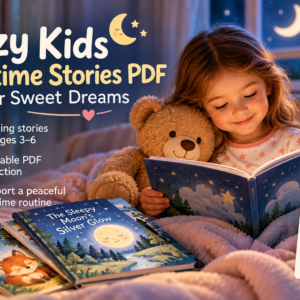 Cozy kids bedtime stories PDF for ages 3–6, featuring a child reading a calming bedtime story.