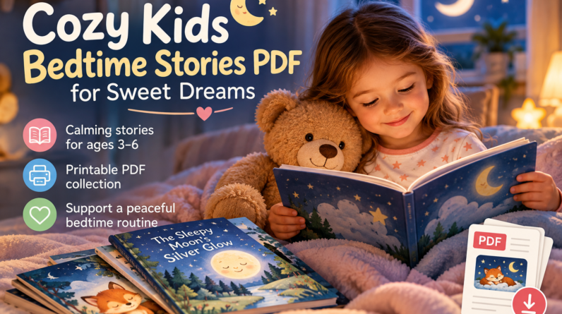 Cozy kids bedtime stories PDF for ages 3–6, featuring a child reading a calming bedtime story.