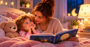 Parent and toddler sharing a quiet picture book before bedtime