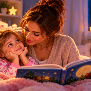 Parent and toddler sharing a quiet picture book before bedtime