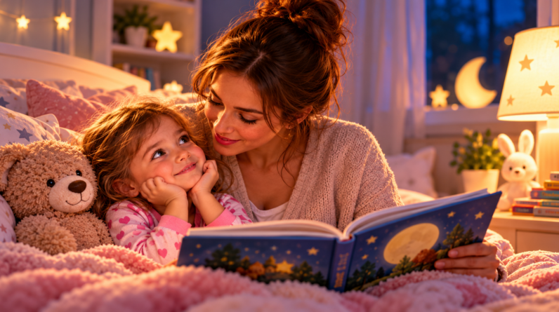 Parent and toddler sharing a quiet picture book before bedtime