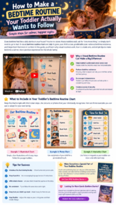 Toddler Bedtime Routine Chart: Illustrated toddler bedtime routine chart showing five steps: bath time, putting on pajamas, brushing teeth, reading a bedtime story, and cuddling before lights out.