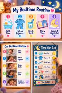 Toddler Bedtime Routine Chart: Interactive toddler bedtime routine chart with picture cards and movable star markers for bath time, pajamas, brushing teeth, storytime, cuddles, and lights out.